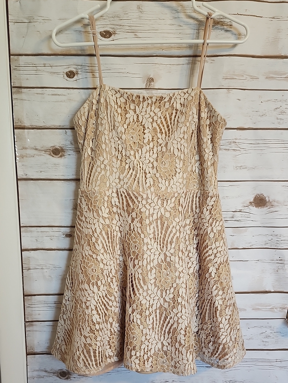 Lulu's Cream Beige Lace Mini Dress with Spaghetti Straps Small